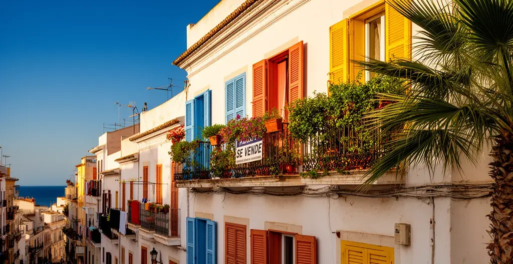 Fachada de edificio residencial español típico con balcones y persianas coloridas