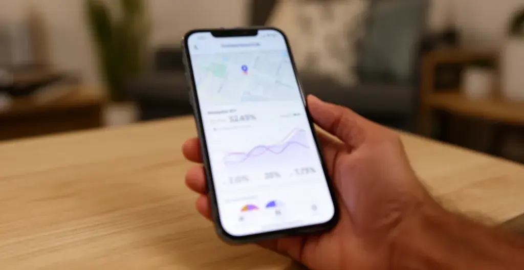 Pantalla de smartphone mostrando interfaz de valoración inmobiliaria con gráficos