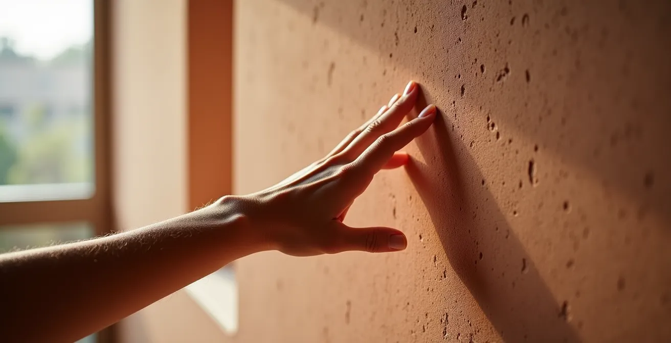 Detalle de acabados minerales sobre muro de masa térmica sin barreras aislantes