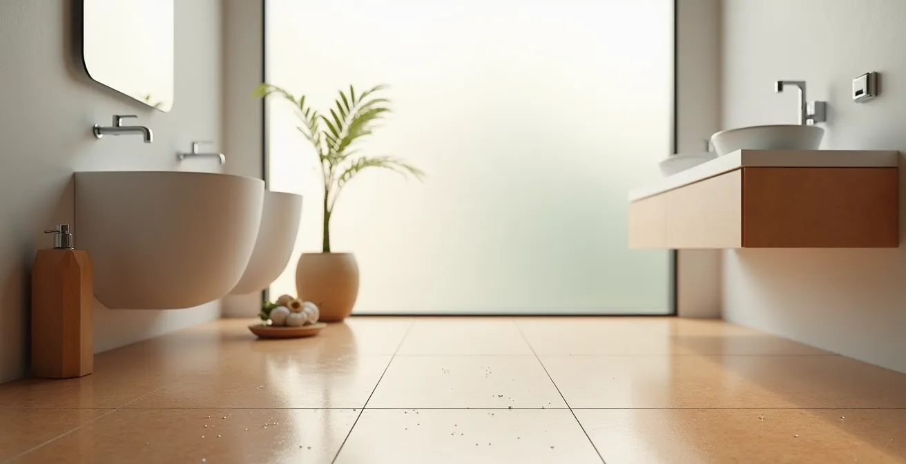 Baño contemporáneo con suelo de corcho barnizado resistente al agua