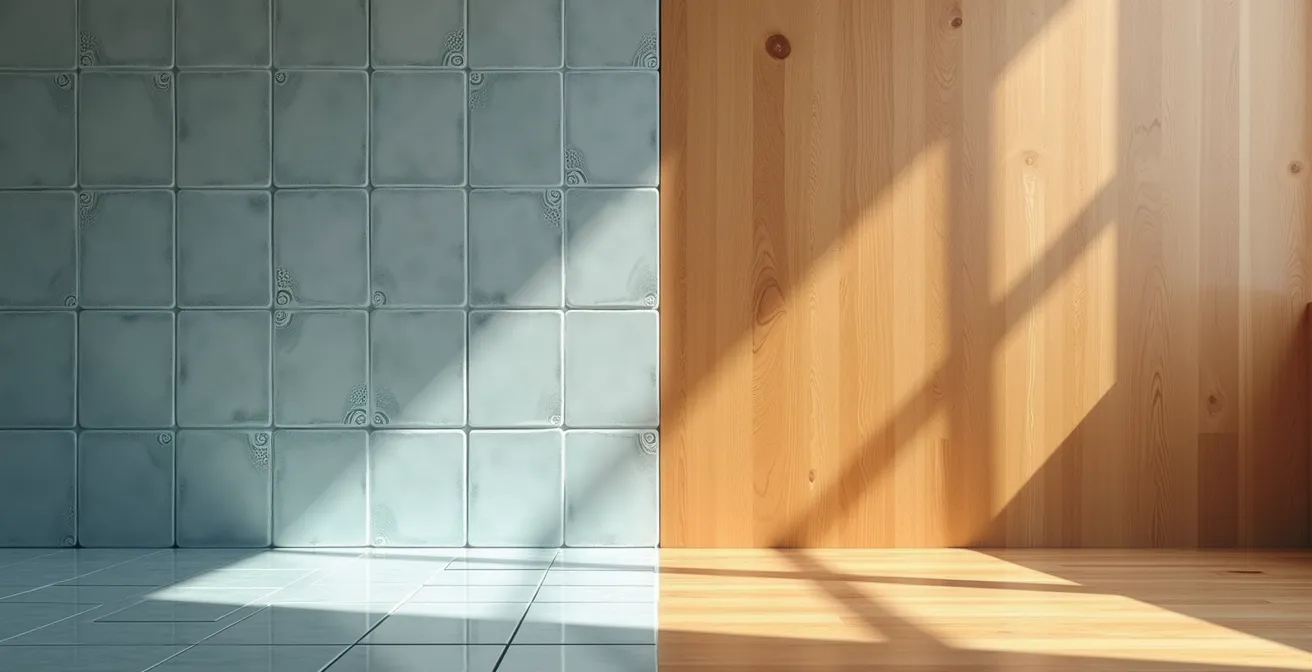 Comparación visual de suelo cerámico y madera con efecto de temperatura