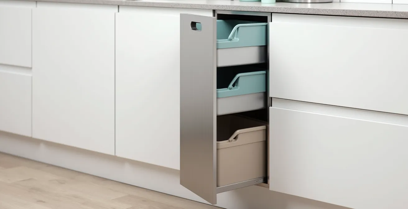Sistema de columna vertical con cuatro contenedores de reciclaje en 30cm de ancho