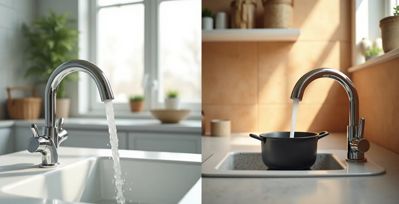 Comparación visual de dos grifos con diferentes caudales de agua aireada