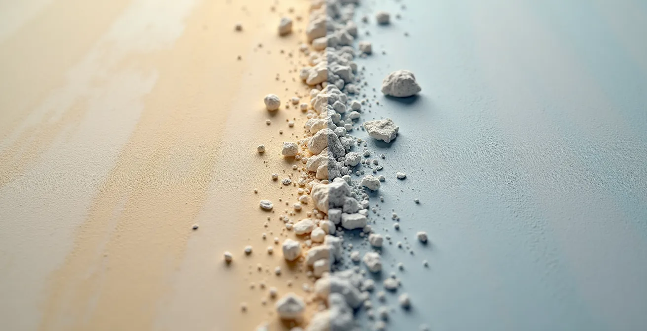 Comparación microscópica de superficies pintadas con cal y silicato mostrando su estructura porosa