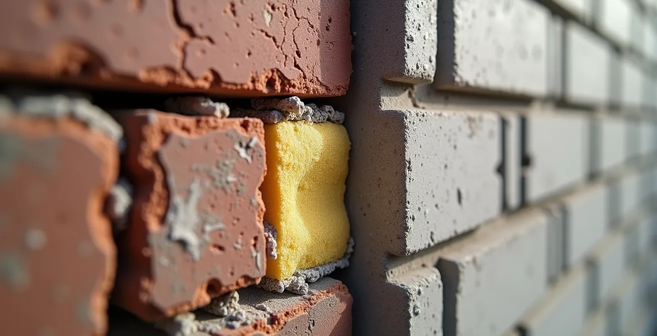 Sección comparativa de muro de ladrillo con aislante versus bloque celular