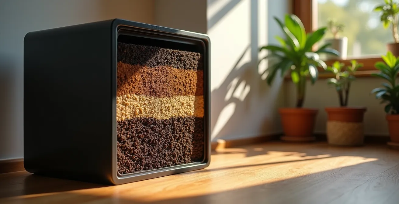 Vista lateral de sistema de bandejas apilables de vermicompostaje en ambiente doméstico