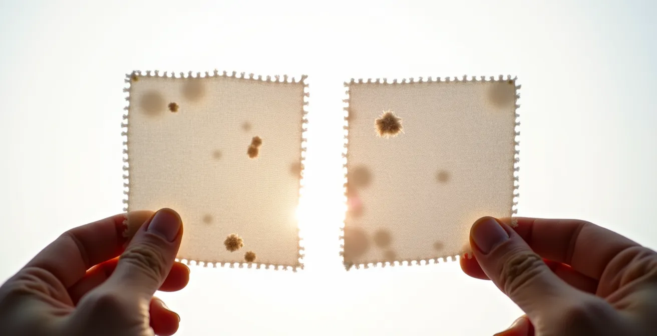 Comparación visual del desgaste entre tejido orgánico y convencional bajo luz natural