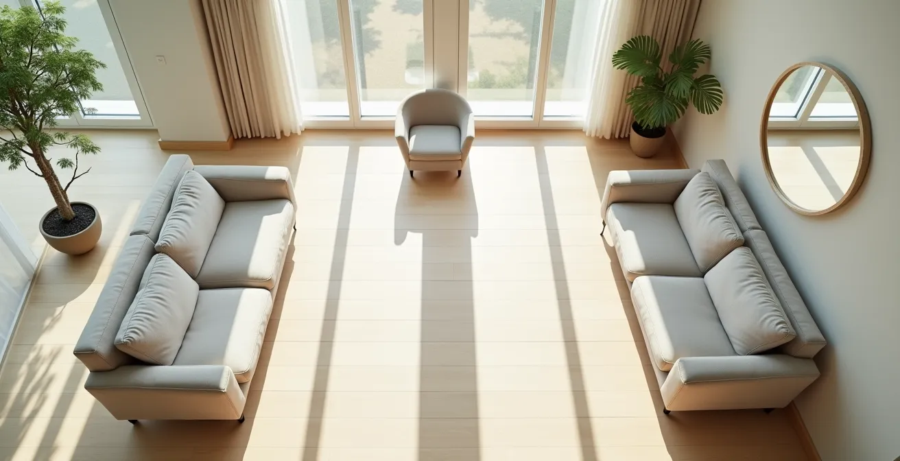 Vista aérea de salón mostrando distribución estratégica de muebles para maximizar luz natural