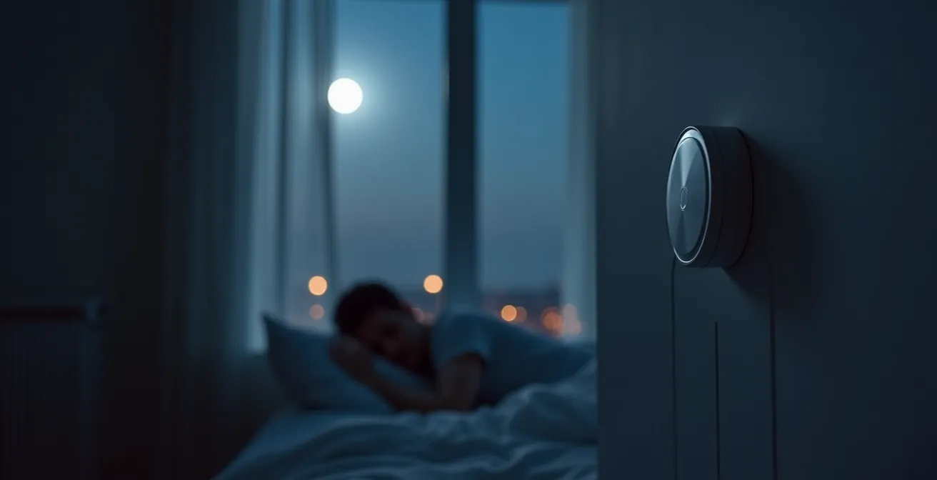 Dormitorio en penumbra con radiador equipado con válvula termostática sin luz visible