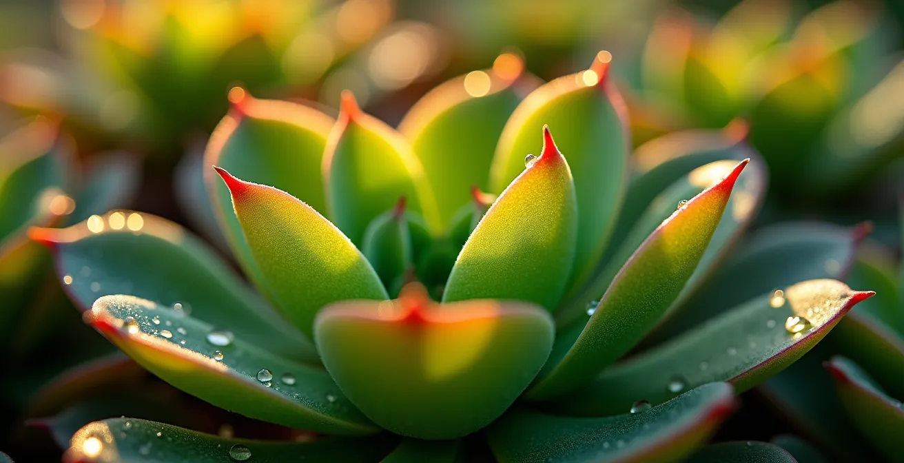 Detalle macro de hojas de Sedum con gotas de rocío mostrando el proceso de evapotranspiración