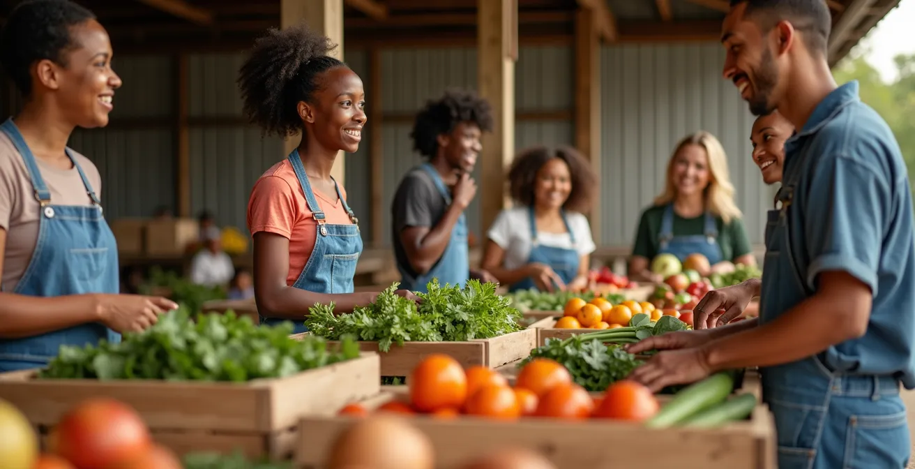 Grupo de personas organizando cestas de productos frescos locales en punto de distribución