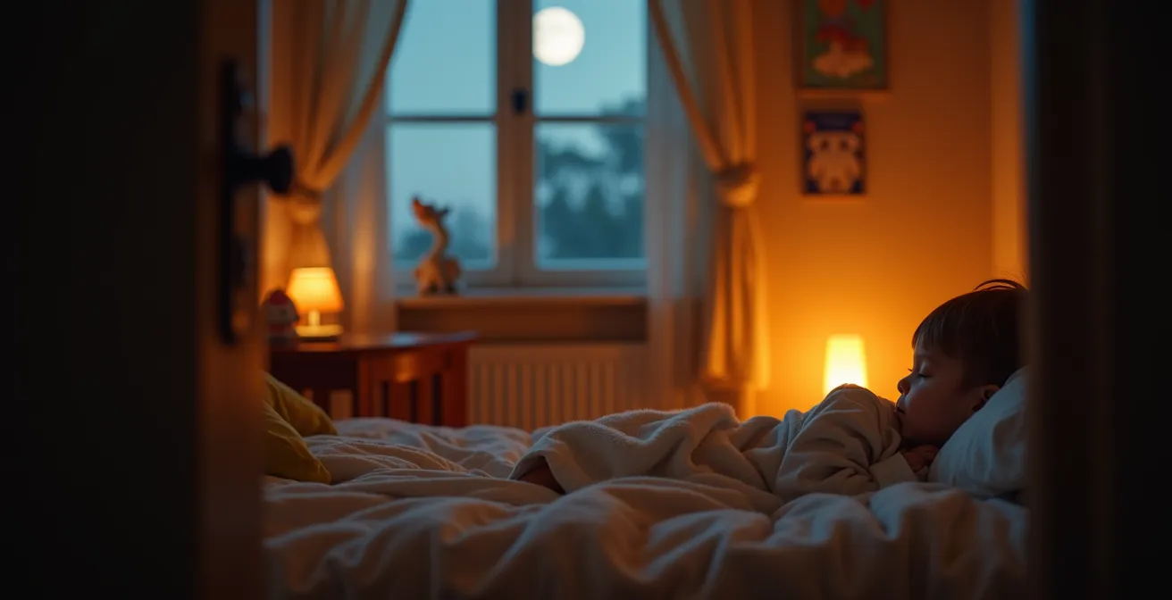 Habitación infantil iluminada suavemente con luz ámbar nocturna