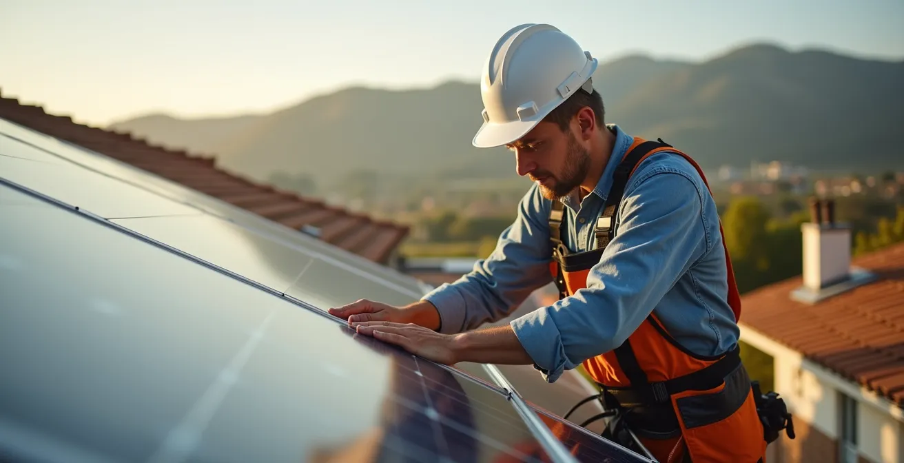 Técnico realizando mantenimiento en instalación solar aislada