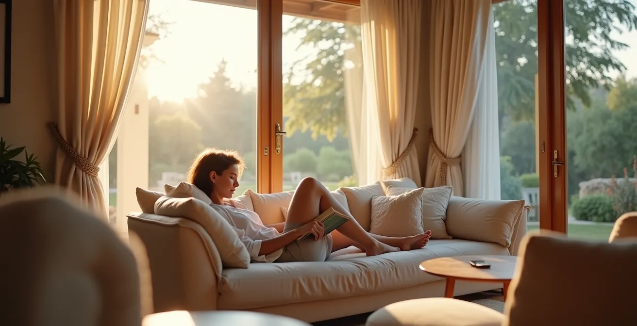Interior de vivienda Passivhaus mostrando confort térmico en verano mediterráneo