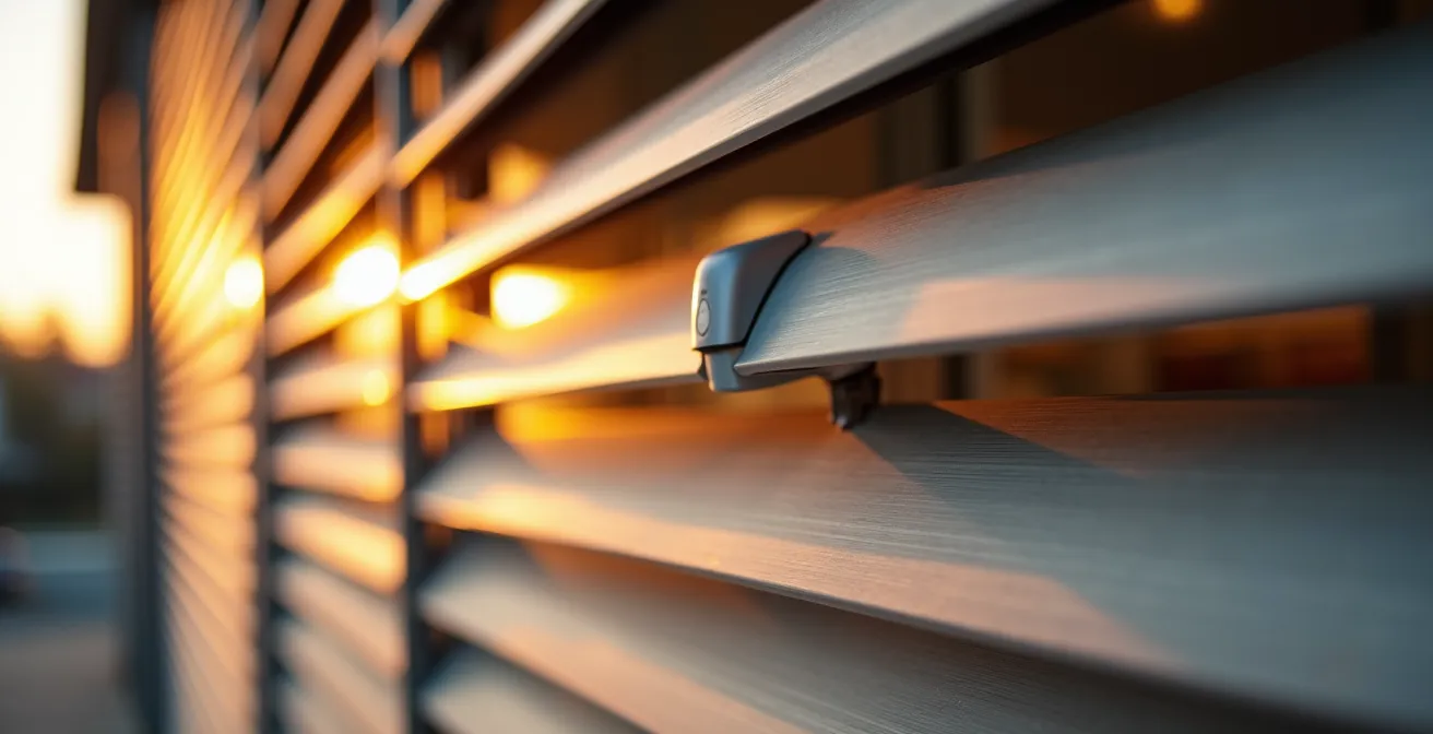 Sistema de lamas móviles de aluminio en fachada moderna con control automático y sensores integrados