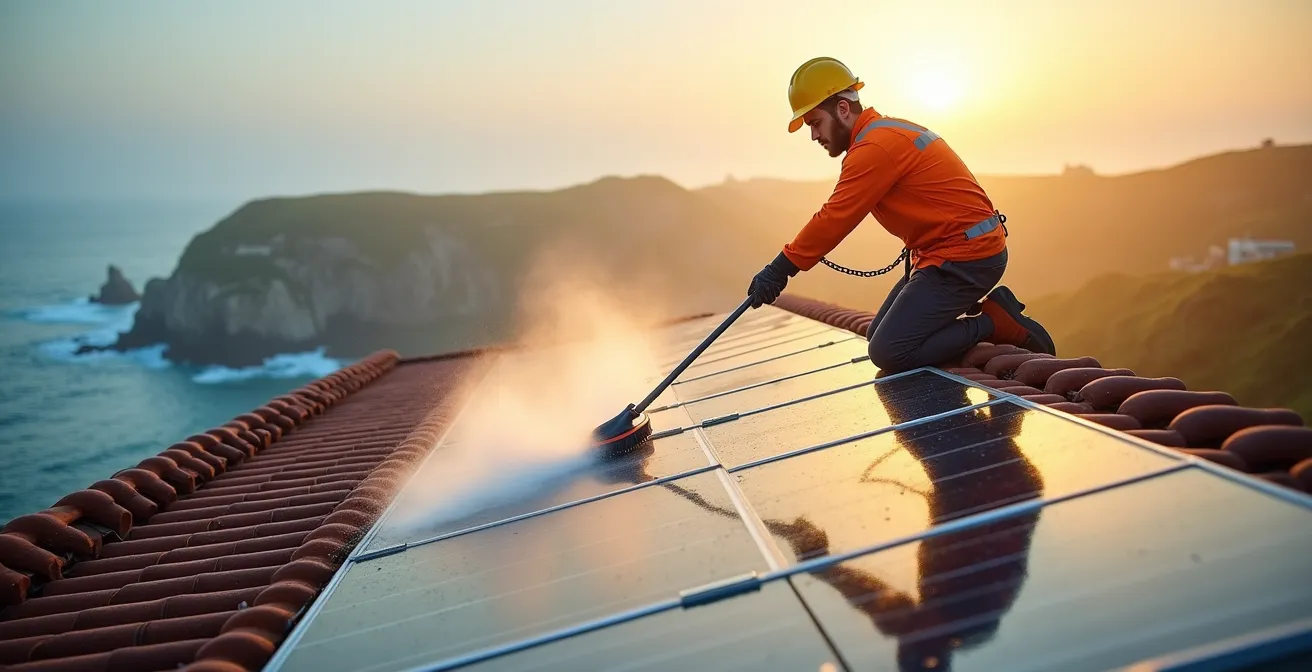 Trabajador limpiando paneles solares en tejado costero del norte de España