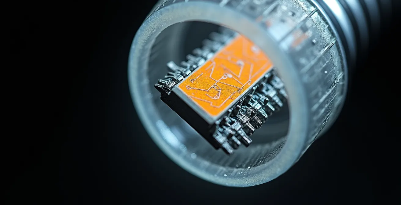 Detalle macro de bombilla LED mostrando componentes internos y difusor
