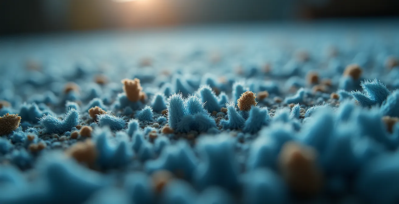 Vista microscópica de fibras sintéticas de alfombra atrapando partículas de polvo y químicos