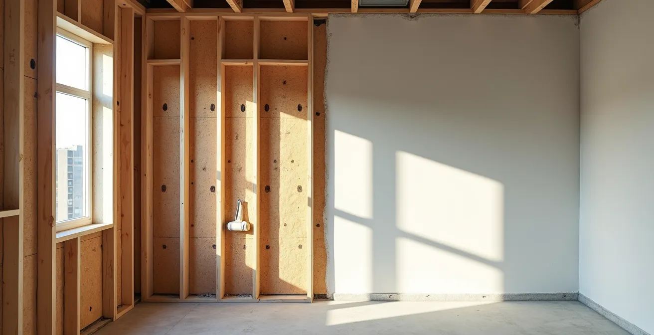 Interior de vivienda en construcción mostrando estructura sin pladur para test de hermeticidad