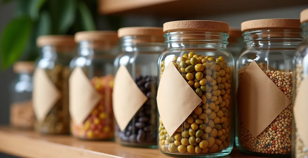 Despensa organizada con tarros de cristal etiquetados llenos de legumbres y cereales