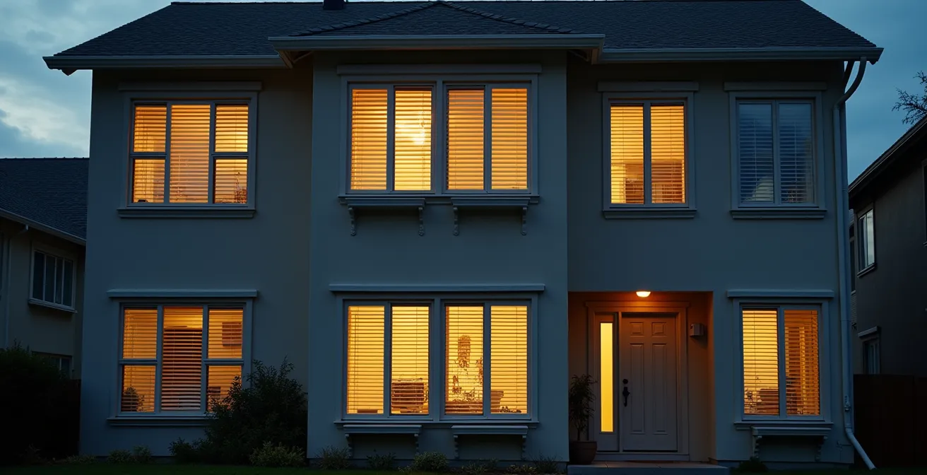 Fachada de vivienda al atardecer con persianas en diferentes posiciones simulando actividad interior