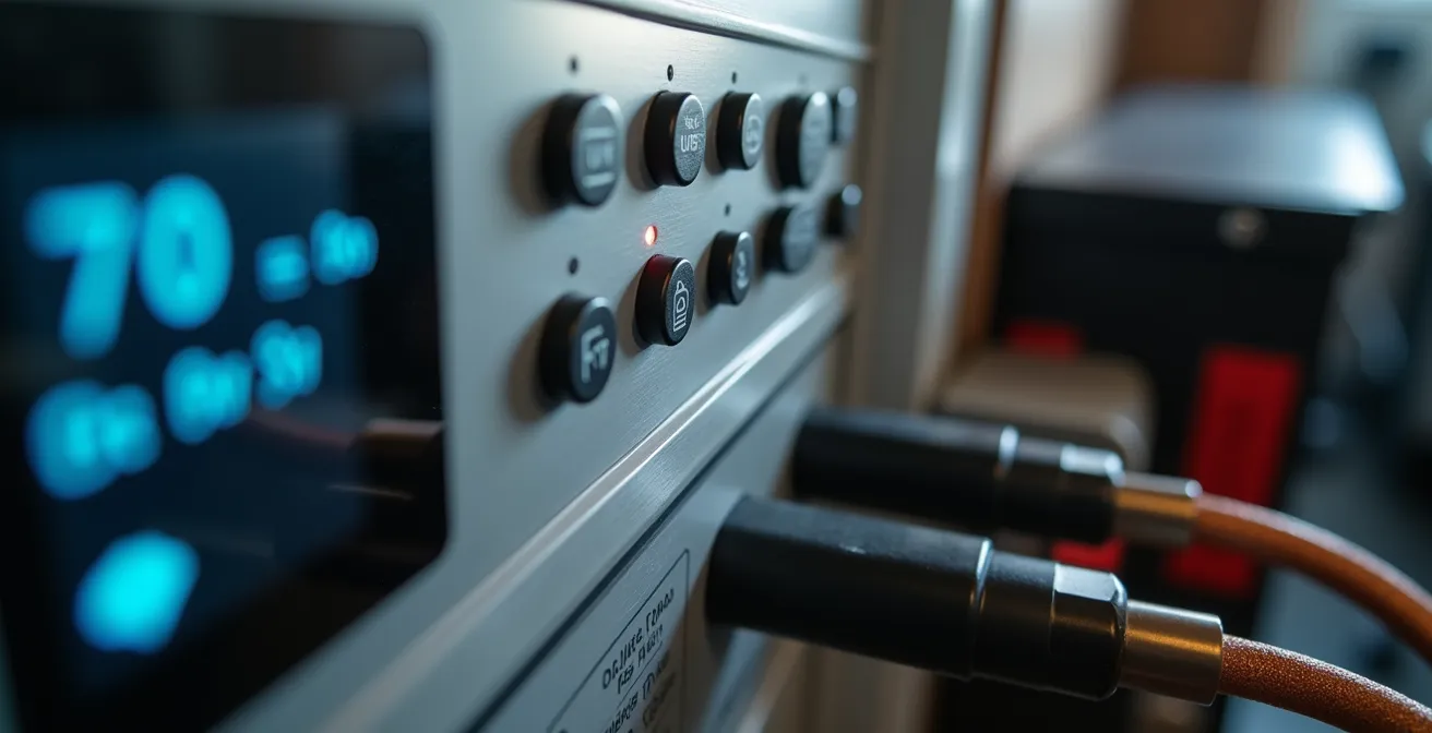 Detalle macro de panel de control de inversor híbrido mostrando configuración de horarios