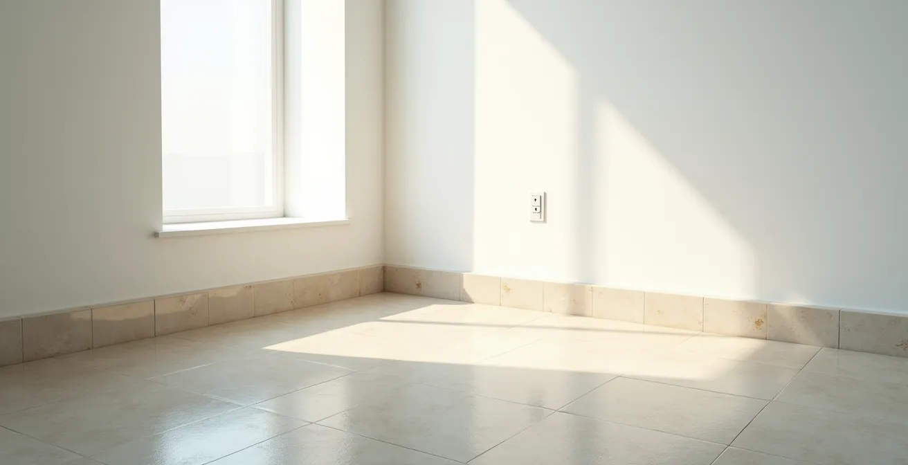 Detalle de instalación eléctrica cerca del suelo con signos de humedad