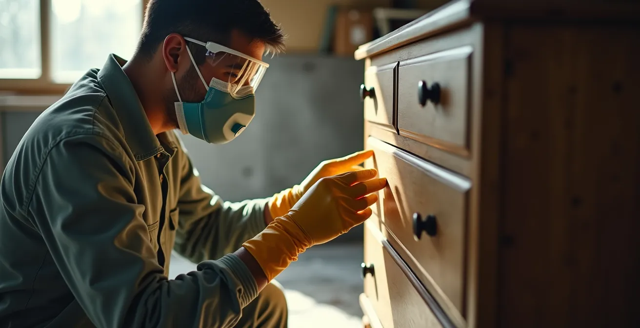 Persona con equipo de protección completo decapando mueble antiguo de forma segura