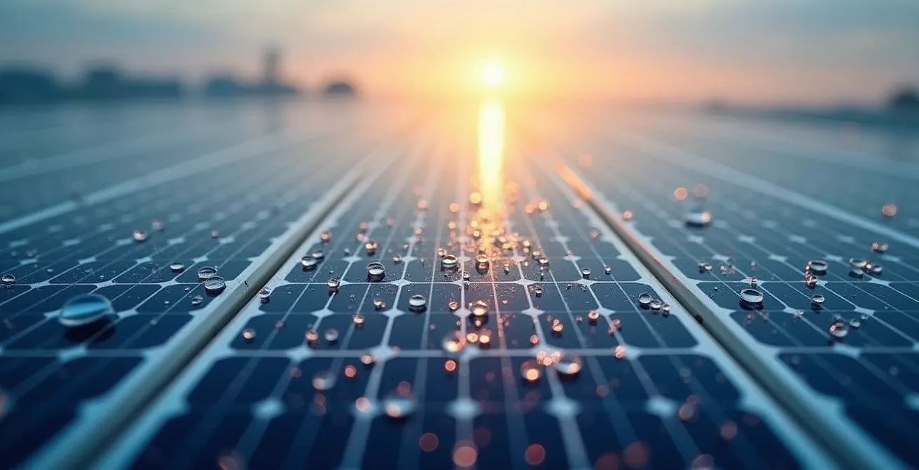 Vista detallada de paneles solares y sistema de aerotermia en vivienda sostenible