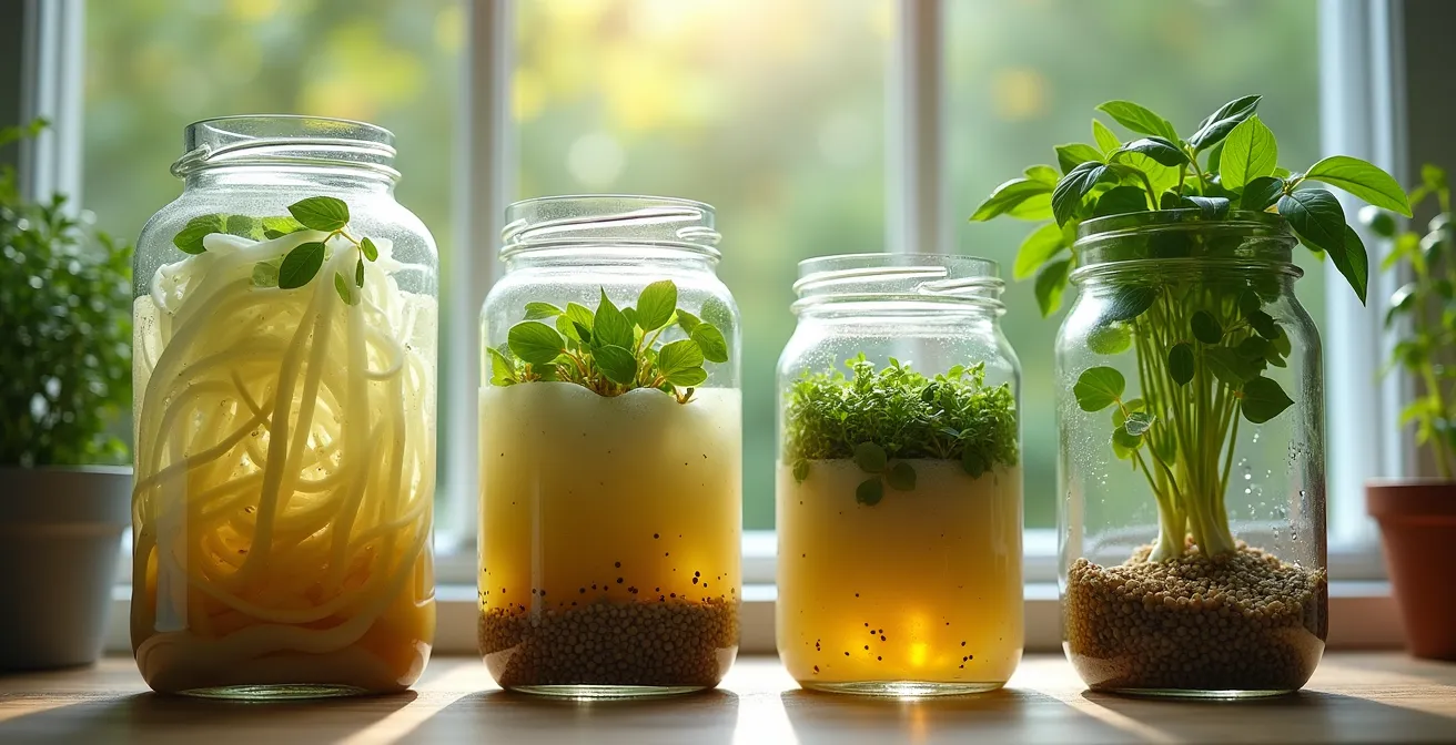 Tarros de vidrio reutilizados para fermentar alimentos y cultivar hierbas en la ventana
