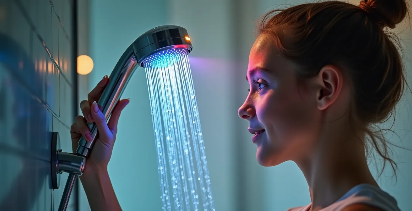 Adolescente mirando un temporizador colorido en una ducha moderna que indica el tiempo de uso.