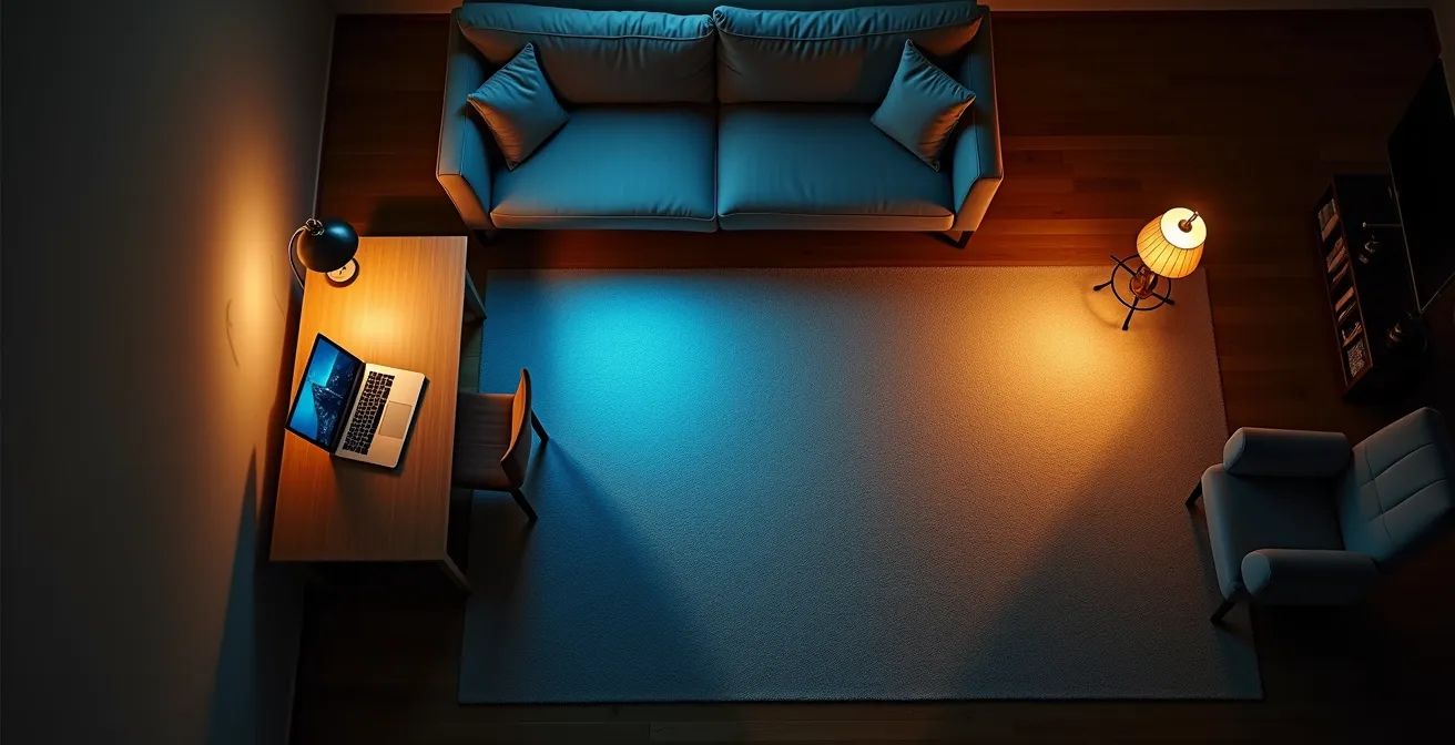 Vista cenital de salón con zonas de luz diferenciadas entre escritorio y sofá